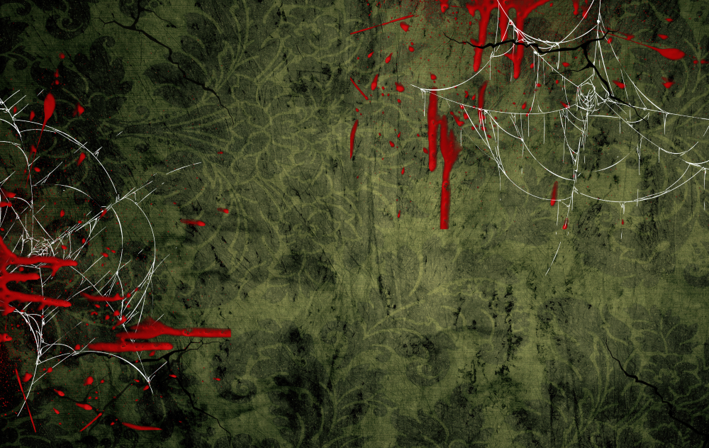 Old green lace wallpaper with cracks in the wall. On either side of the image there are spiderwebs and blood splatter.