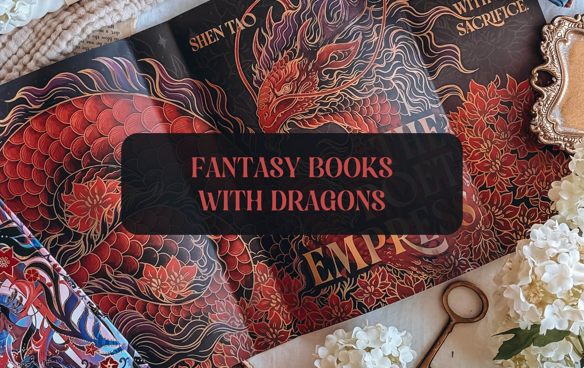 Graphic with image of book and text that reads "Fantasy Books With Dragons"
