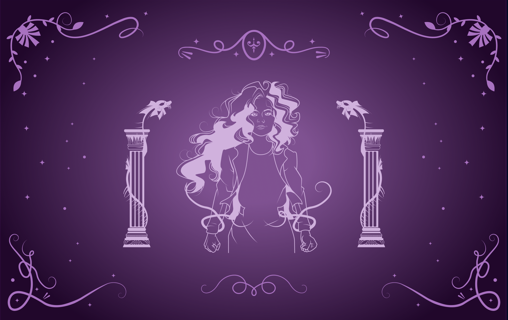A long-haired woman with magical threads surrounding her hands is centered between two ionic pillars. Background is a dark purple fading to pale purple to highlight the figure.