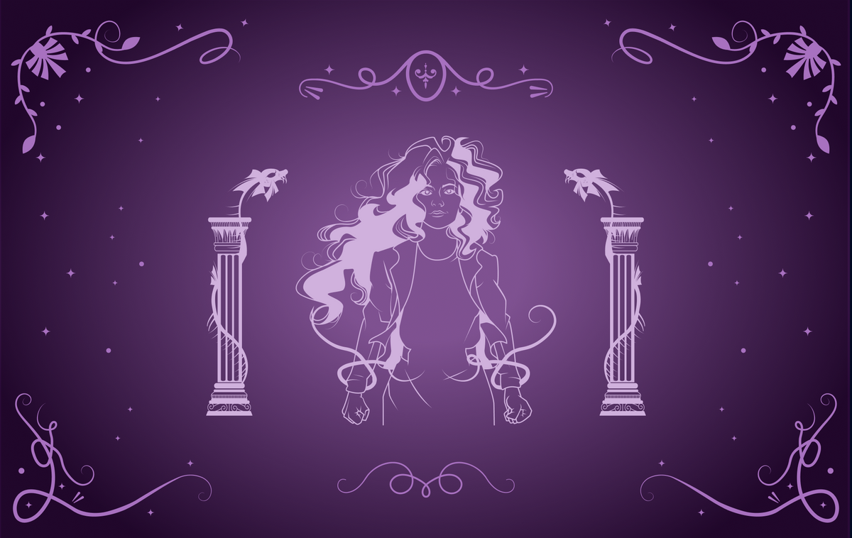 A long-haired woman with magical threads surrounding her hands is centered between two ionic pillars. Background is a dark purple fading to pale purple to highlight the figure.