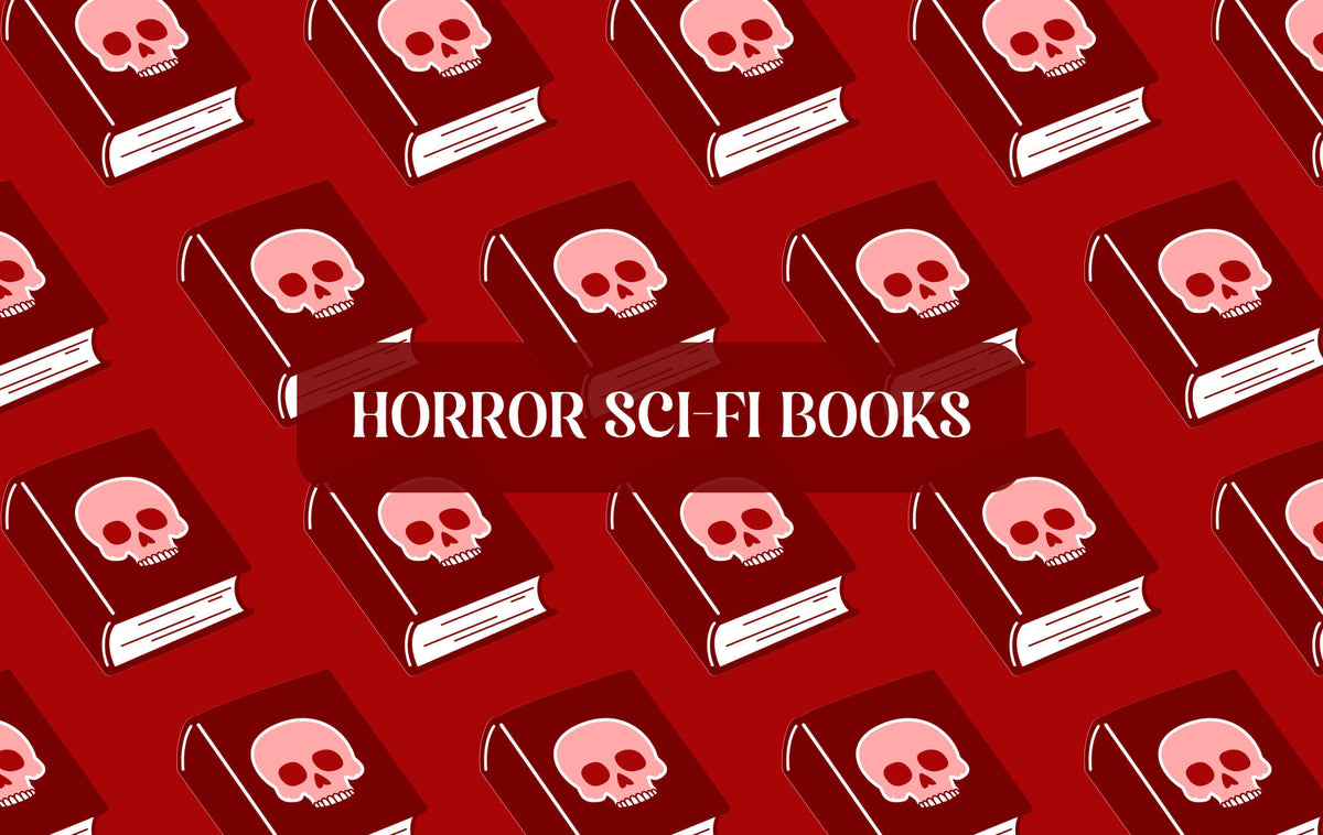 Red graphic with Horror theme and text which reads "Horror Sci-Fi Books"
