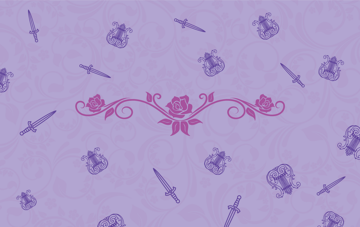 Swords and harps repeat on a light purple damask background. Three stylized pink roses centered.