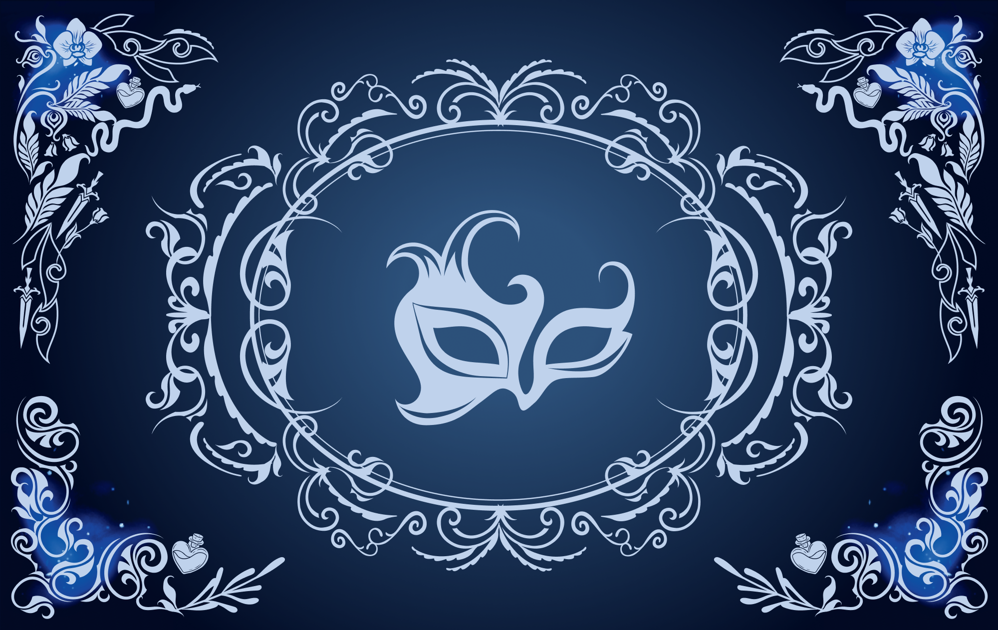 Light blue stylized mask on a darker blue background, surrounded by damask designs around the border.