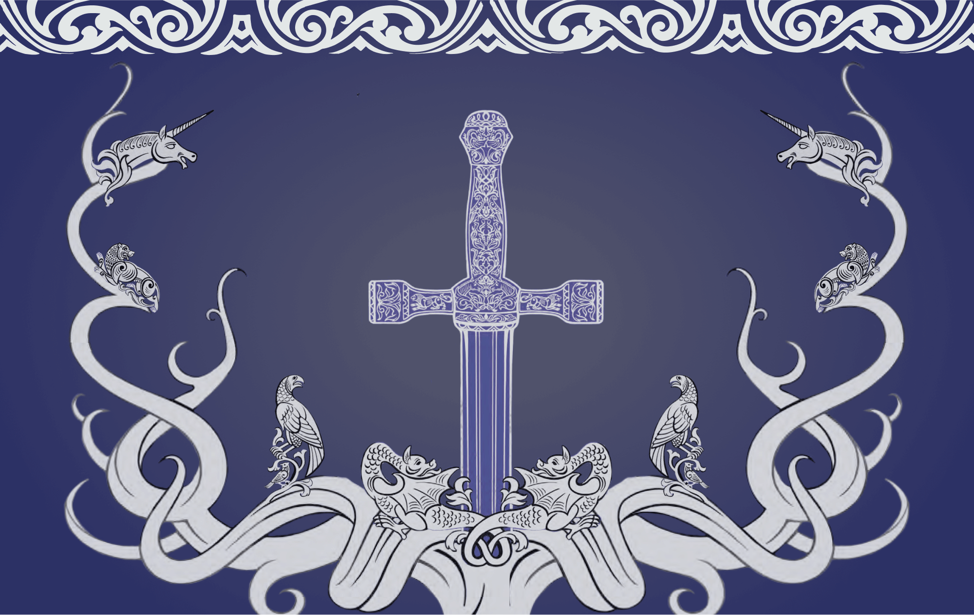 An Arthurian-style sword is centered on a blue background. Surrounding the sword are medieval-style designs of swirls and animals.