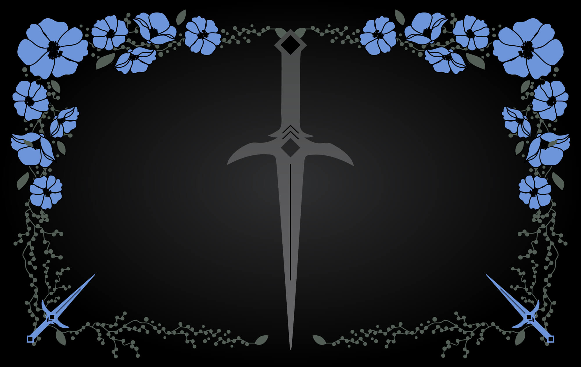 Greyscale sword centered on a black background. Border is decorated with blue flowers, grey vines, and blue short swords. 