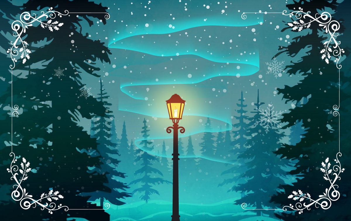 Image shows a lit lamppost in a  snowy evergreen forest with an aurora borealis in the sky.
