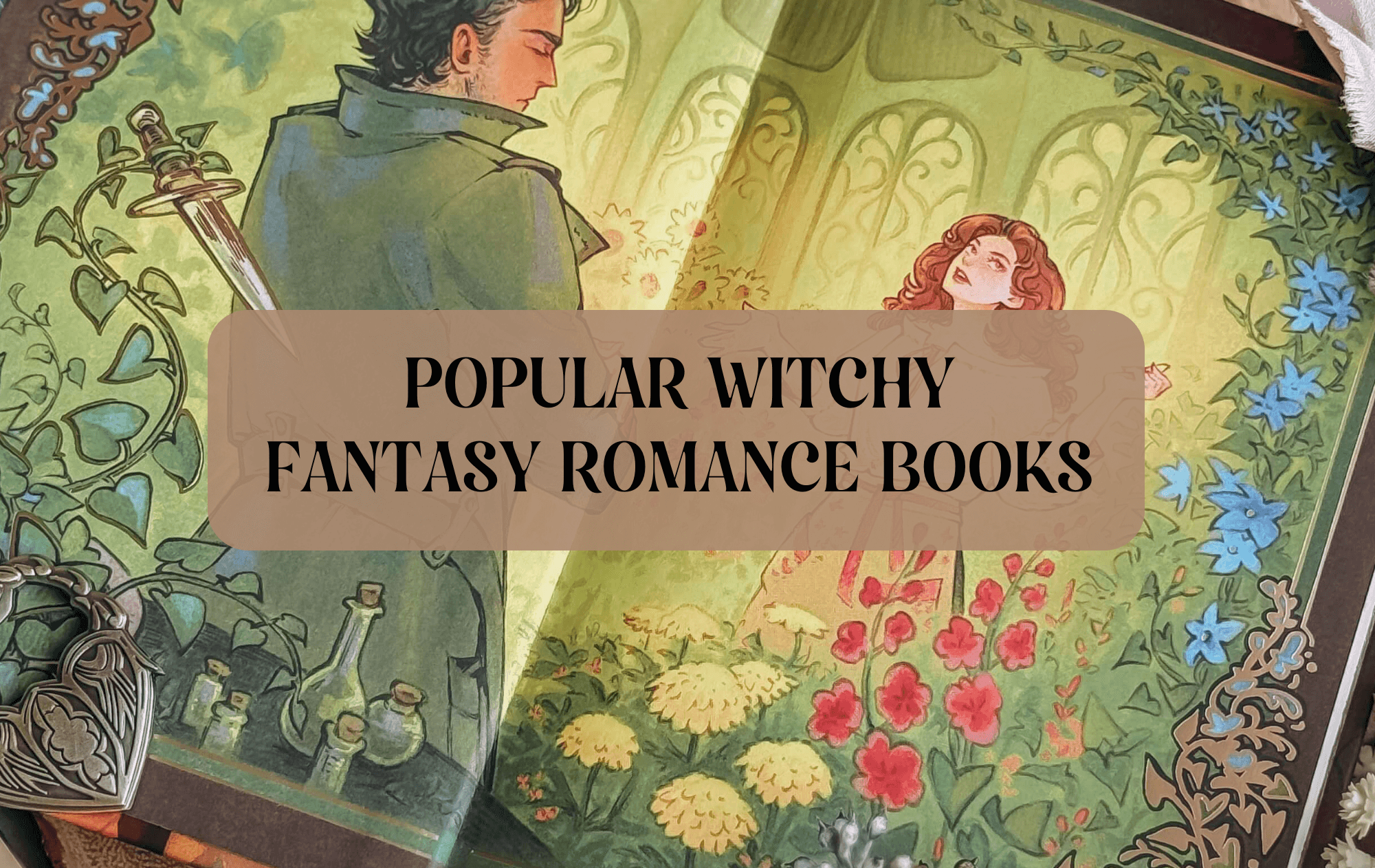 Graphic with  text that reads "Popular Witchy Fantasy Romance Books"