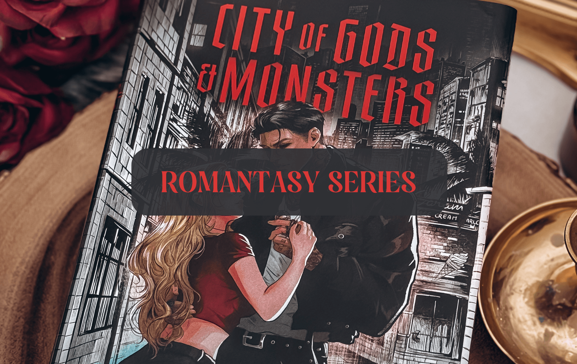 Graphic with photo of book and text which reads "Romantasy Series