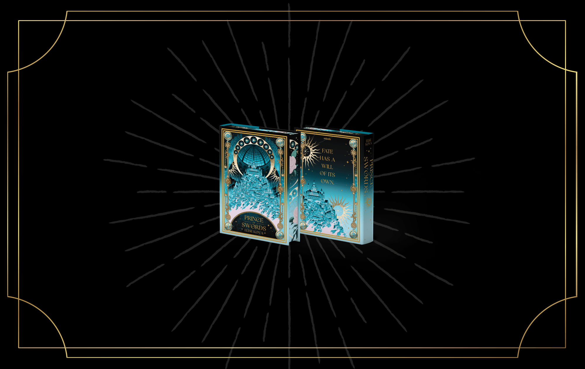 The OwlCrate mockup for Prince of Swords by Elise Kova centered on a black background framed by gold art deco-inspired designs. The mockup for the front and back book cover features ornate gold and teal fantasy artwork of a tiered city.