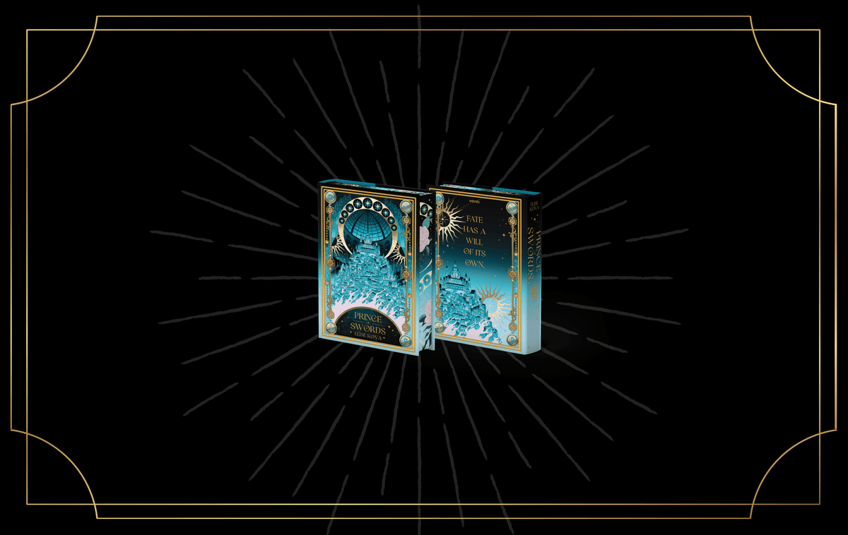 The OwlCrate mockup for Prince of Swords by Elise Kova centered on a black background framed by gold art deco-inspired designs. The mockup for the front and back book cover features ornate gold and teal fantasy artwork of a tiered city.