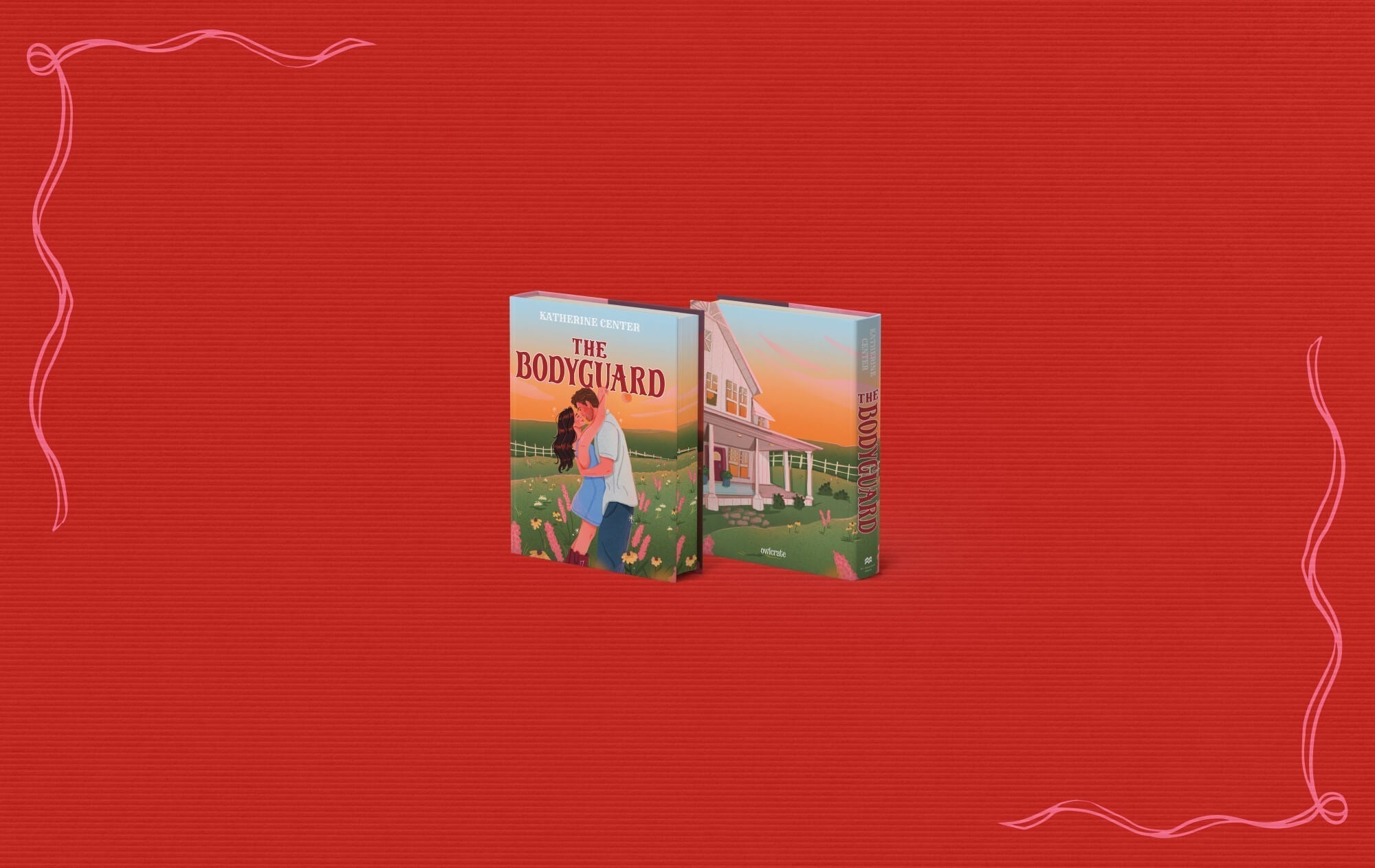 The front and back covers of The Bodyguard by Katherine Center are centered  on a bright orange-red background, framed by light pink ribbons at the top left and bottom right corners.
