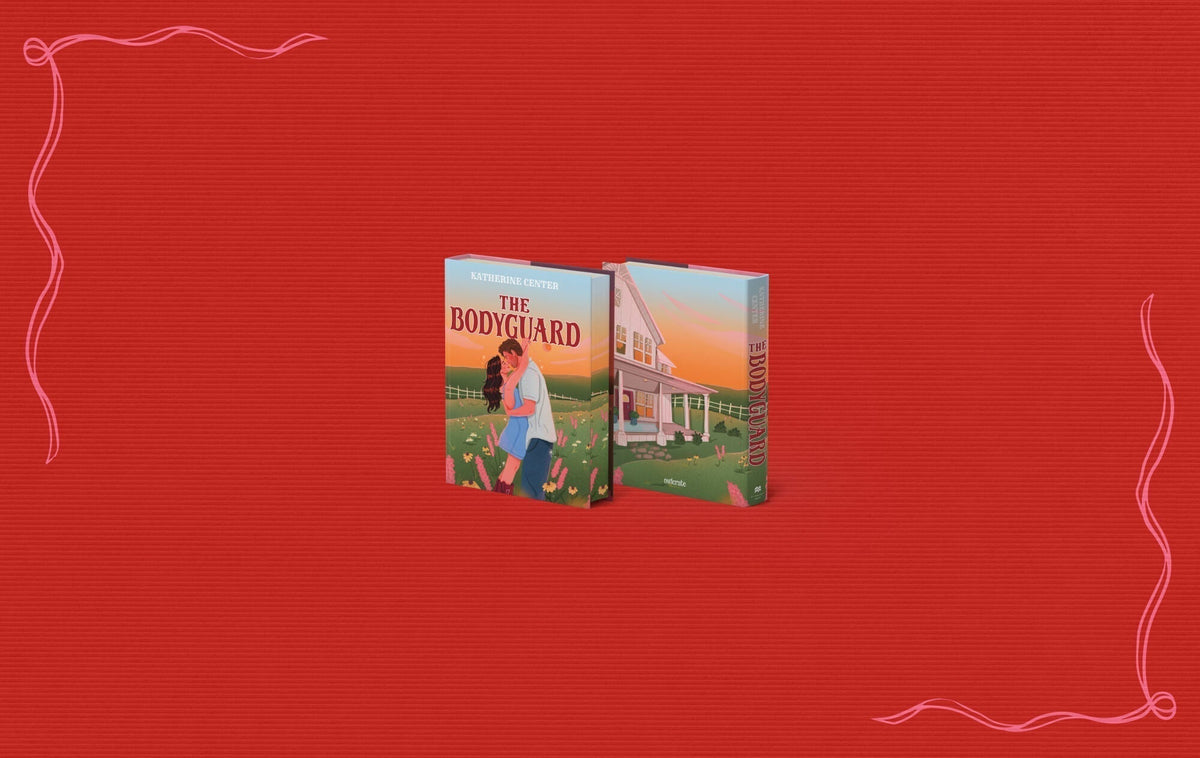 The front and back covers of The Bodyguard by Katherine Center are centered  on a bright orange-red background, framed by light pink ribbons at the top left and bottom right corners.