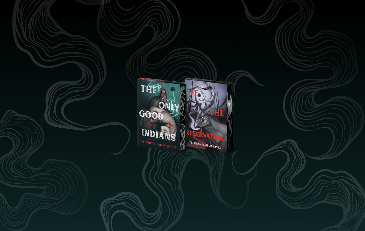 OwlCrate limited editions of The Only Good Indians and Off the Reservation book set, in collaboration with Stephen Graham Jones. The front covers of two books are centered on a dark teal background with illustrative smoke. 