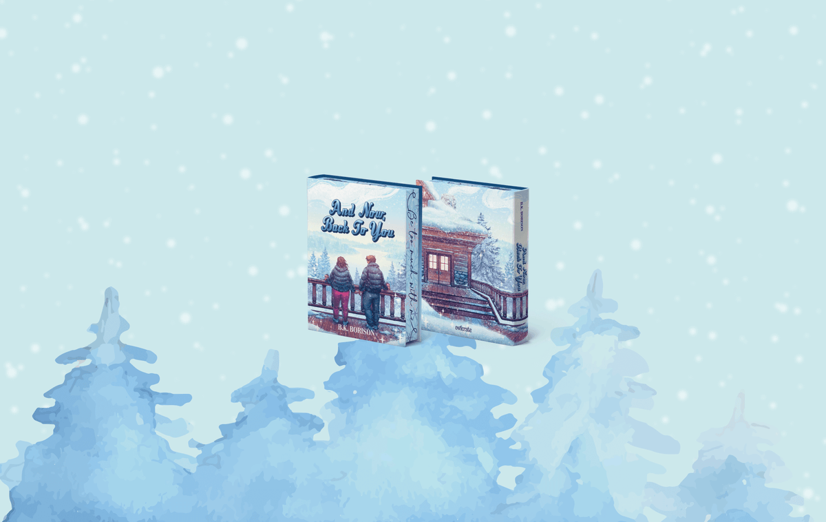OwlCrate limited edition of And Now, Back to You. The front and back of the book are centered on a light blue background with snow falling on watercolour-painted blue spruce trees.