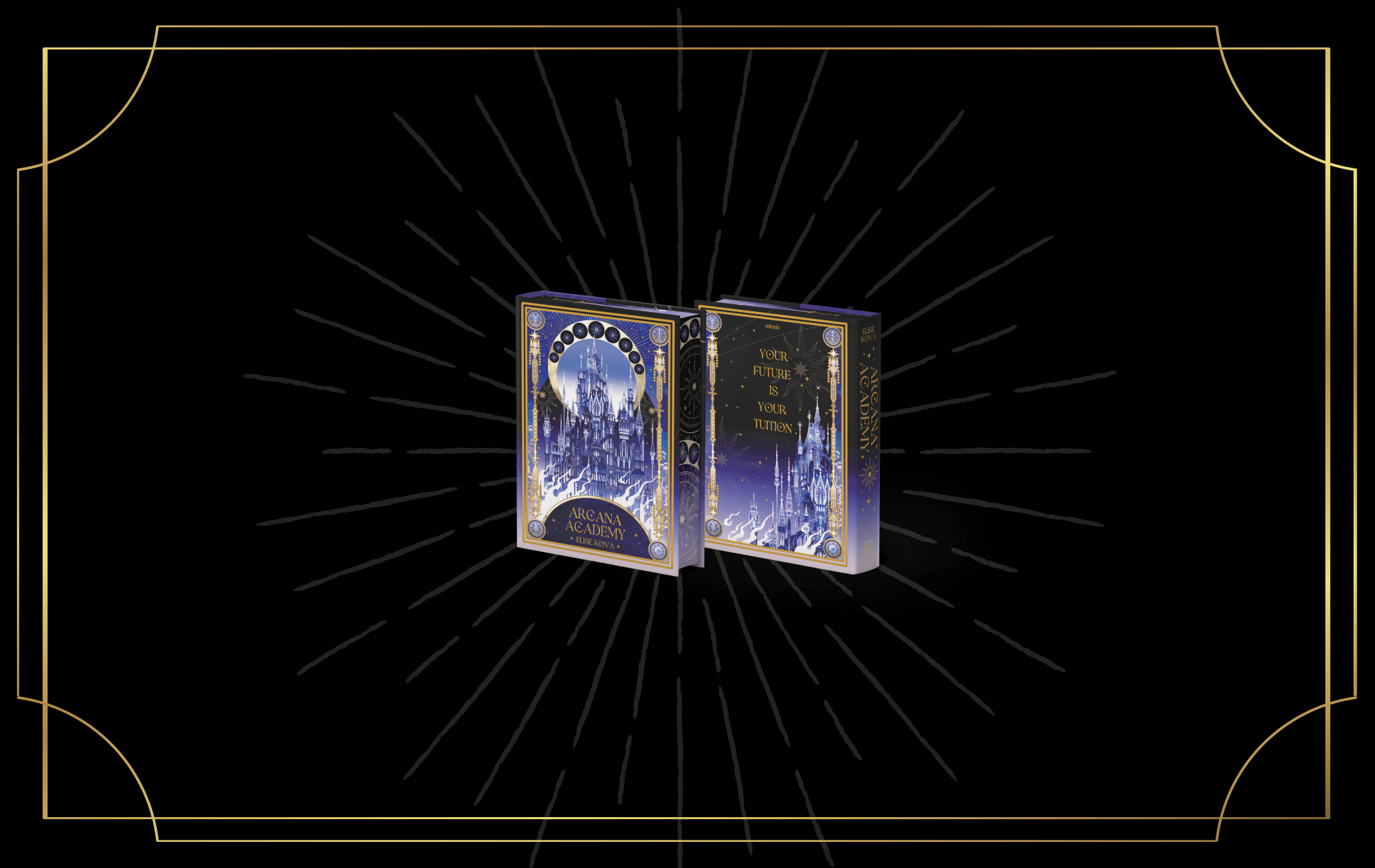 OwlCrate limited edition of Arcana Academy. The front and back of the book is centered on a black background surrounded by a faint light blue starburst. An ornamental design frames the borders.