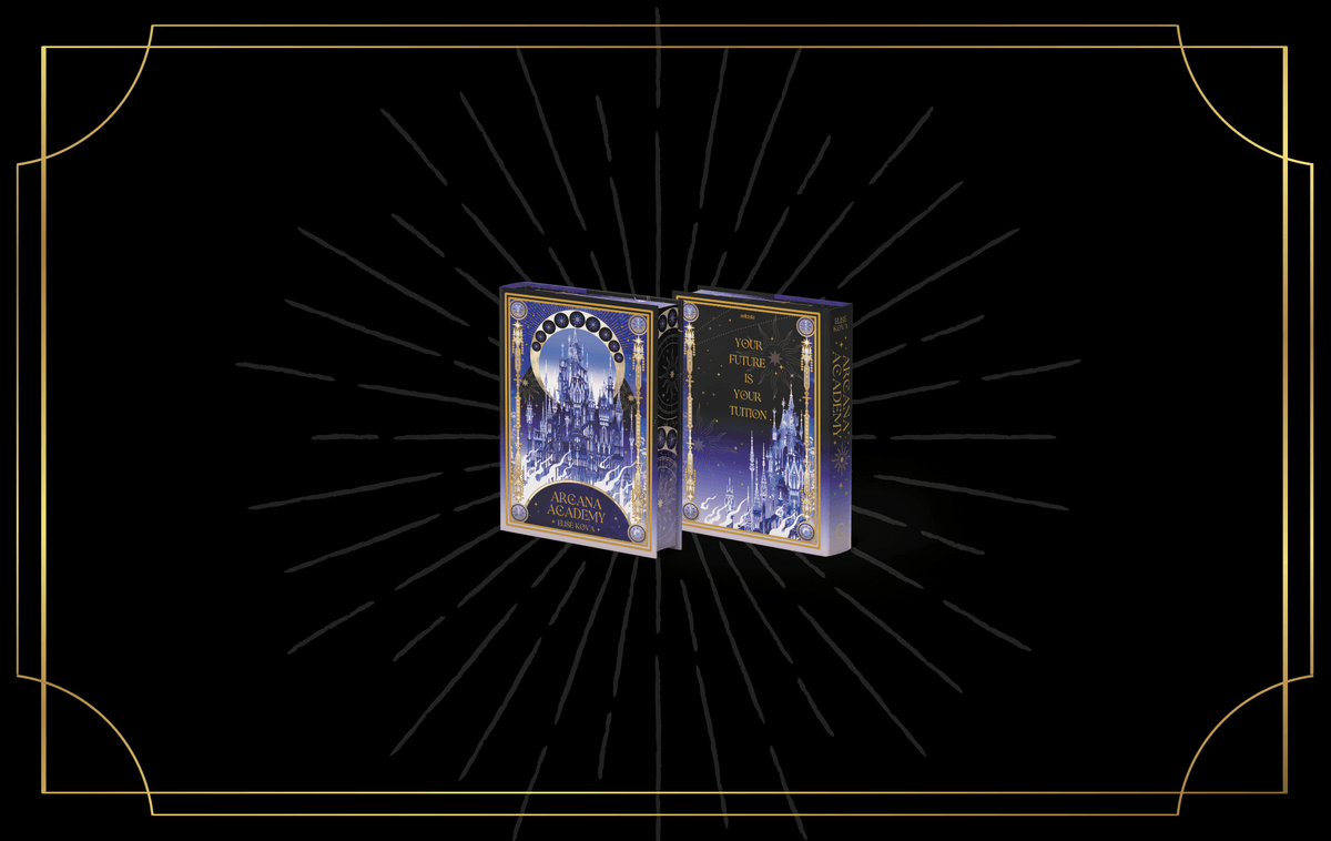 OwlCrate limited edition of Arcana Academy. The front and back of the book is centered on a black background surrounded by a faint light blue starburst. An ornamental design frames the borders.
