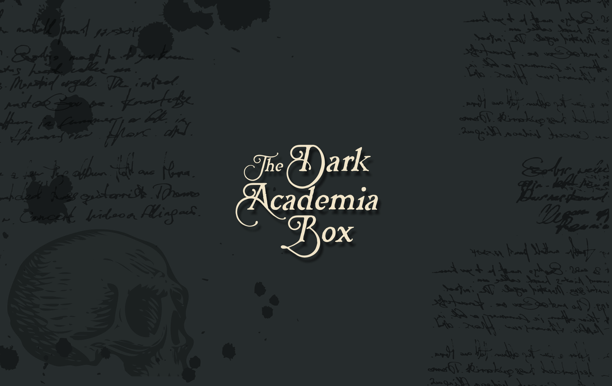Text, The Dark Academia Box. Background is handwritten lettering and a sketch of a skull on a dark gray background.