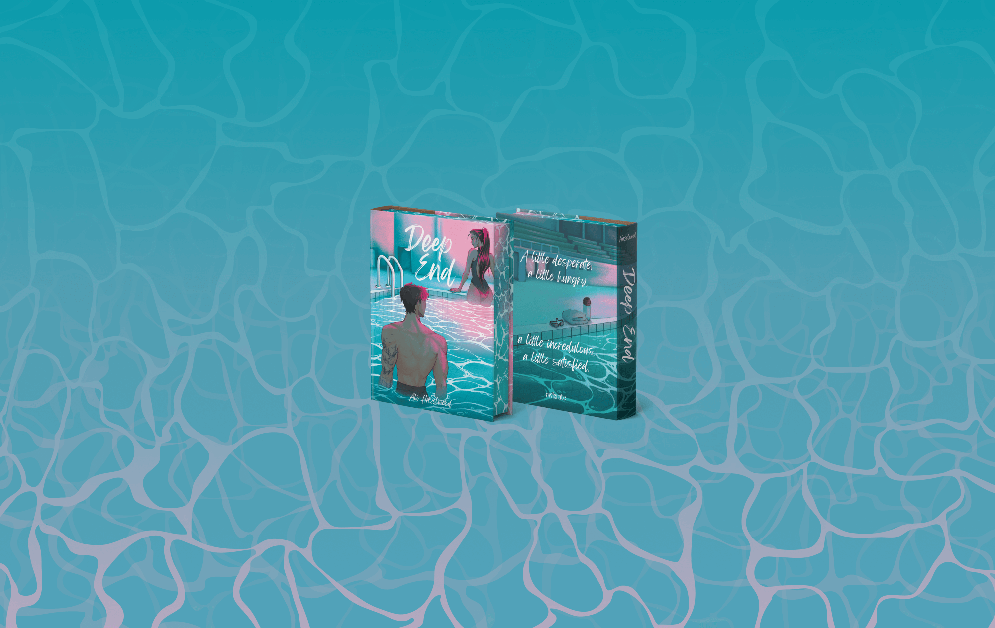 OwlCrate edition of the Deep End book, both front and back covers, centered on a blue water background.