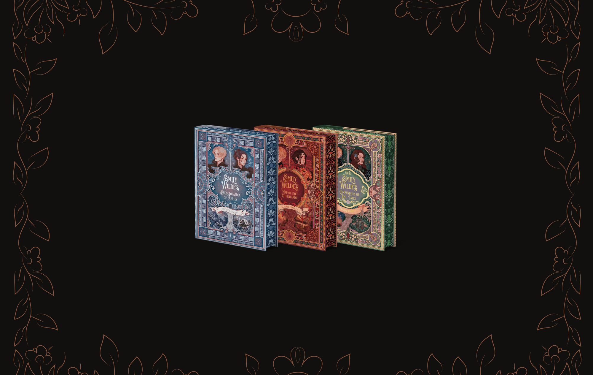 Emily Wilde book set centered on a black background with gold vine details decorating the border. 