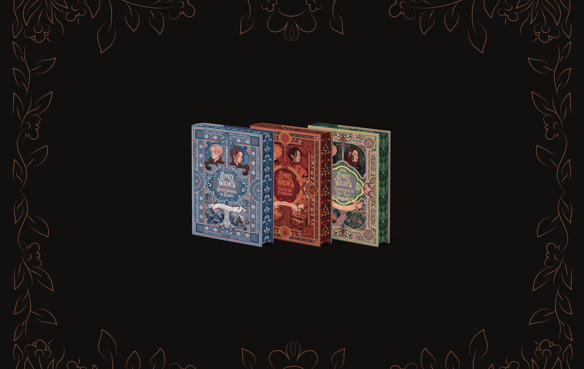 Emily Wilde book set centered on a black background with gold vine details decorating the border. 