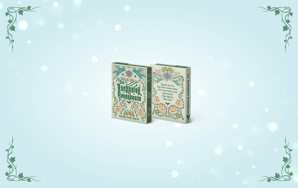 OwlCrate limited edition of The Enchanted Greenhouse. Front and back cover centered on a pale blue background, with ornamental vines framing the borders.