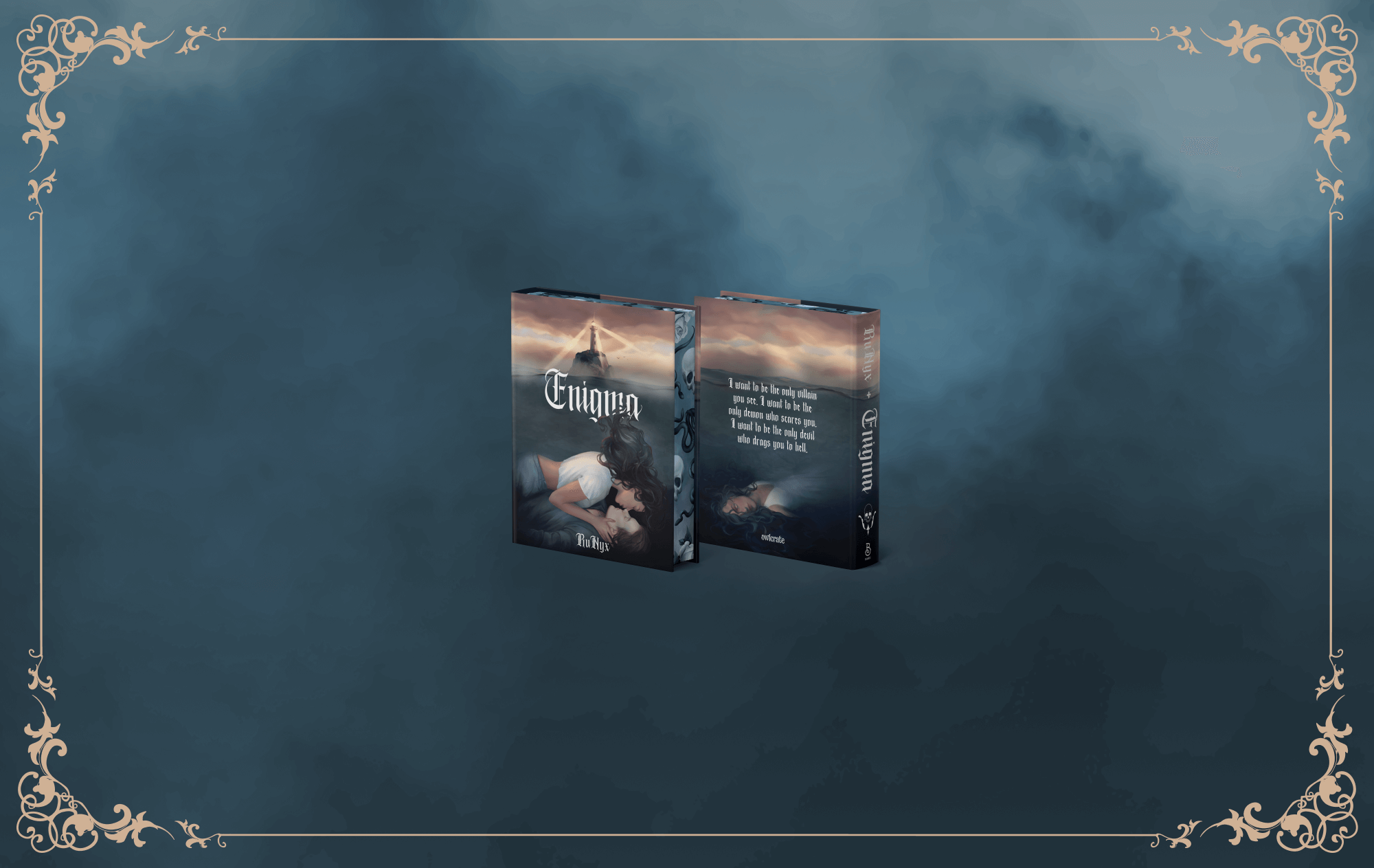 OwlCrate limited edition of Enigma. Front and back cover centered on a smokey dark blue/gray background with decorative gold designs framing the borders.