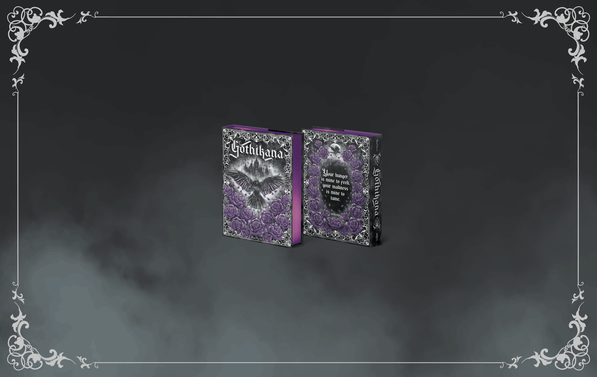 Grey smoky background  framed in lighter grey designs featuring small versions of the OwlCrate exclusive edition of Gothikana.
