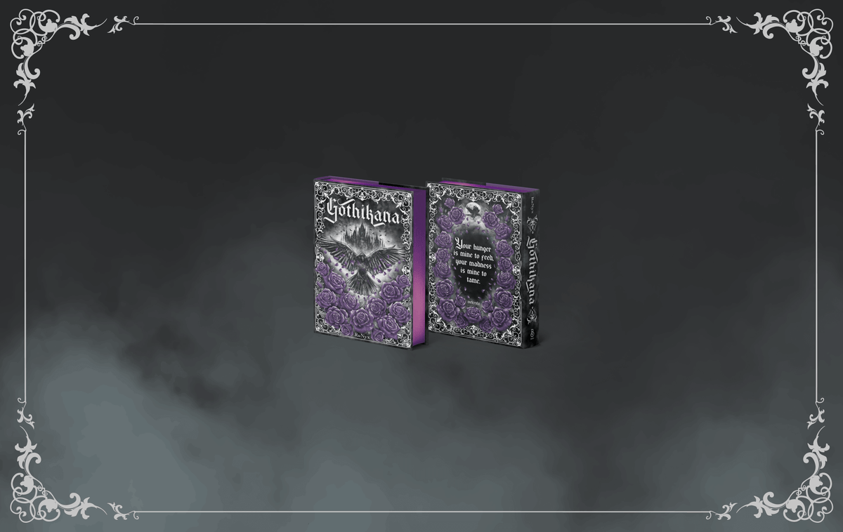 Grey smoky background  framed in lighter grey designs featuring small versions of the OwlCrate exclusive edition of Gothikana.