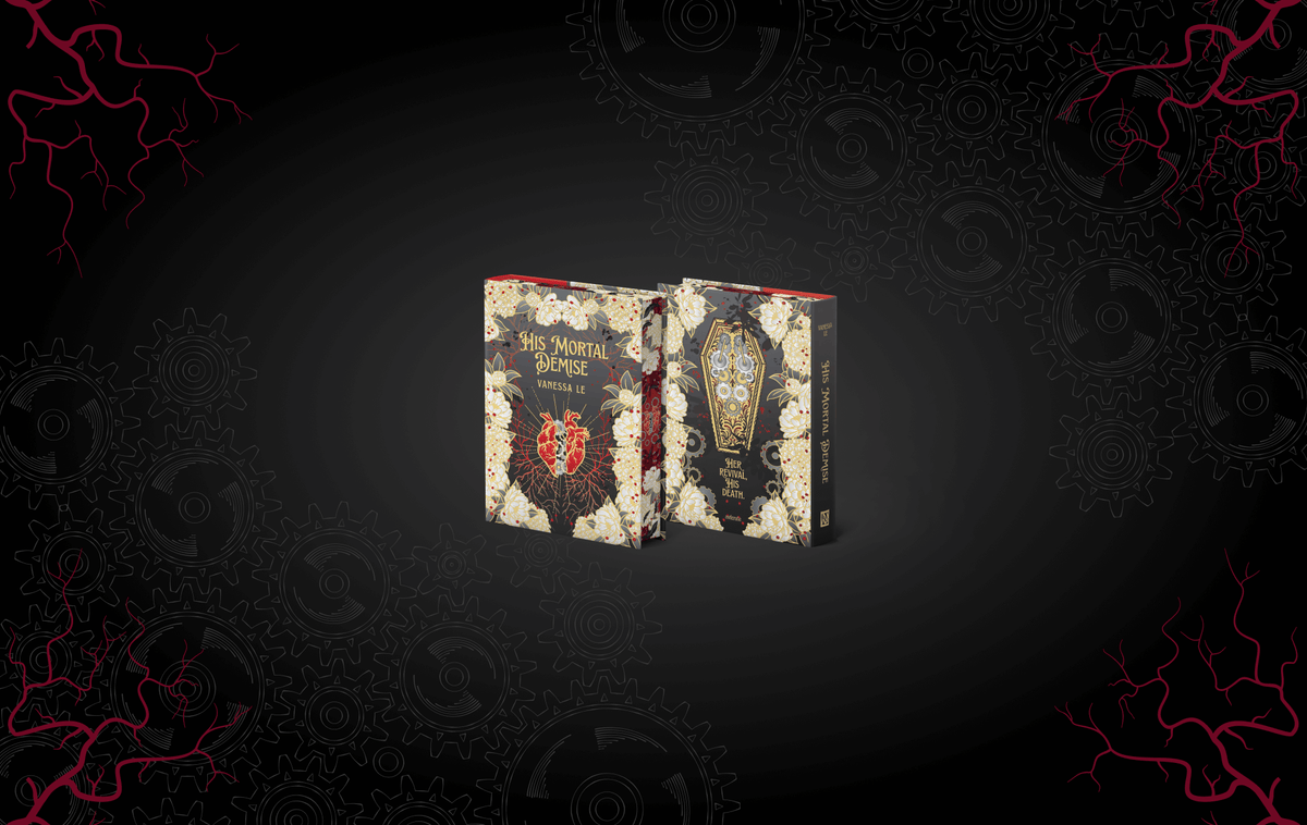 The front and back of the OwlCrate exclusive cover for His Mortal Demise centered on a black background with light gray gears and red veins decorating the corners.
