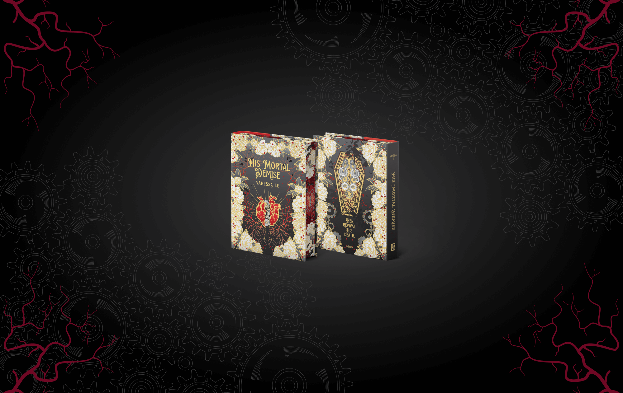 The front and back of the OwlCrate exclusive cover for His Mortal Demise centered on a black background with light gray gears and red veins decorating the corners.
