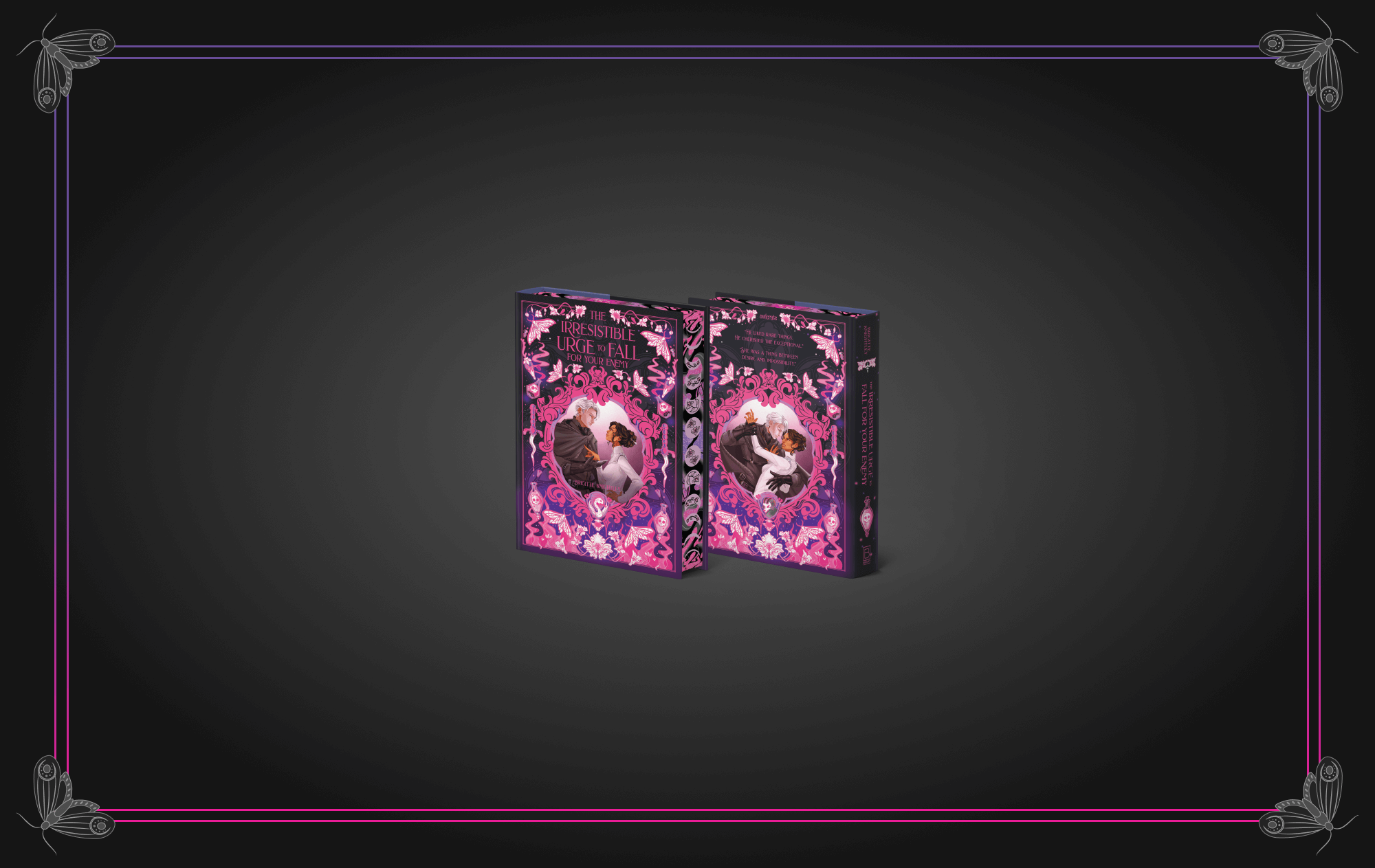 OwlCrate limited edition of The Irresistible Urge to Fall For Your Enemy. The front and back of the book is centered on a black background with purple and pink ornamental designs of framing the borders.
