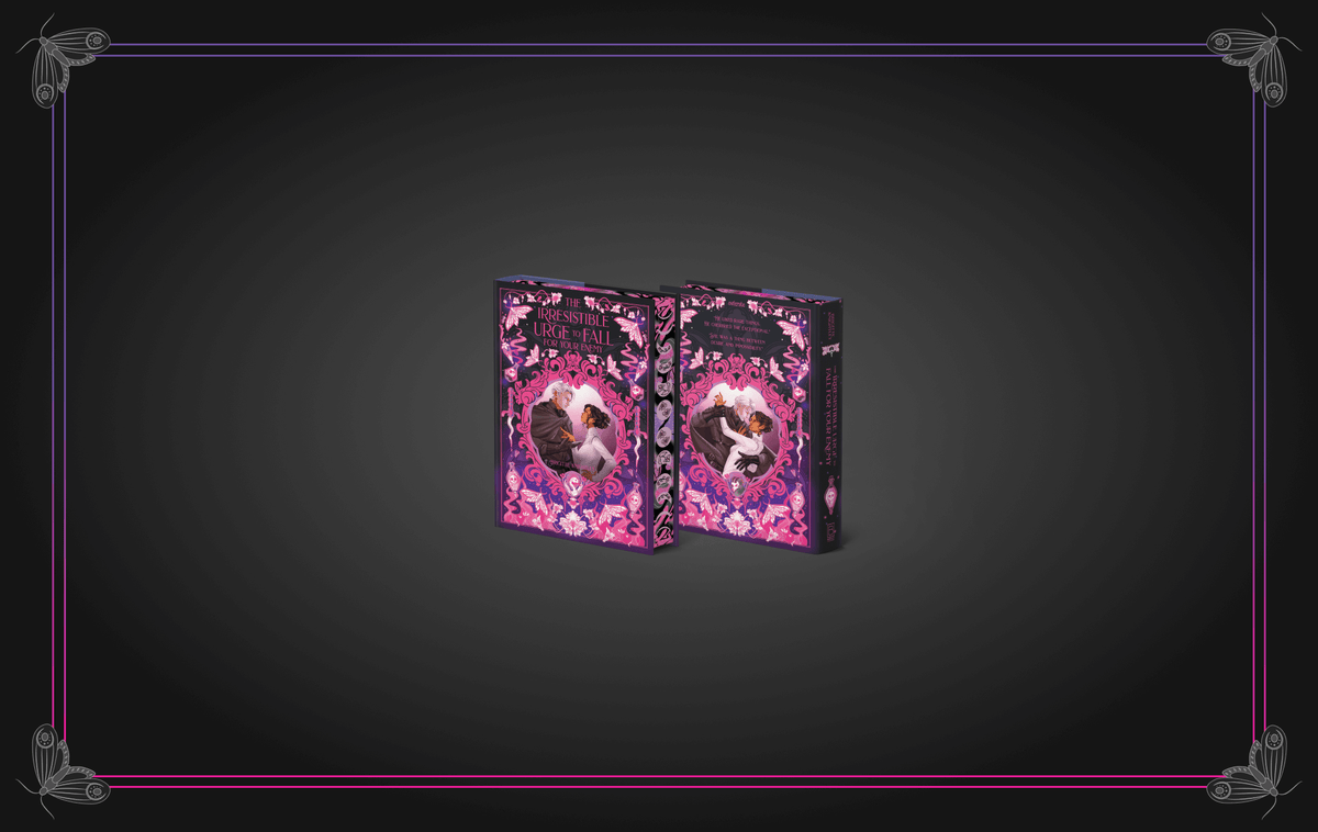 OwlCrate limited edition of The Irresistible Urge to Fall For Your Enemy. The front and back of the book is centered on a black background with purple and pink ornamental designs of framing the borders.