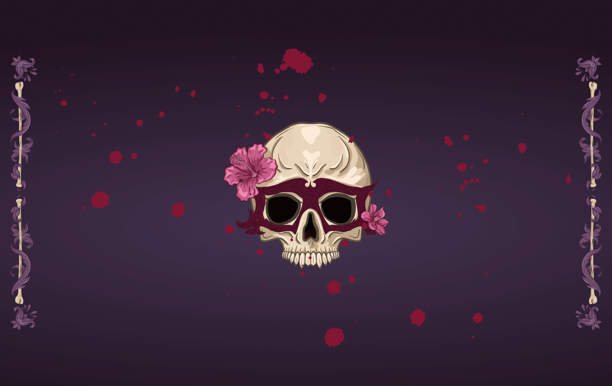 A purple-masked skull with pink flowers is centered on a dark purple background with a smattering of fuschia blood splatter. Bones with a purple decorative wrapping frame the sides.