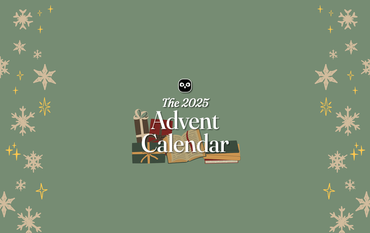 OwlCrate's 2025 Advent Calendar. Green, red, and gold-wrapped presents decorate the bottom of the image next to an open book and a stack of green books. Stars and snowflakes decorate the rest of the image.