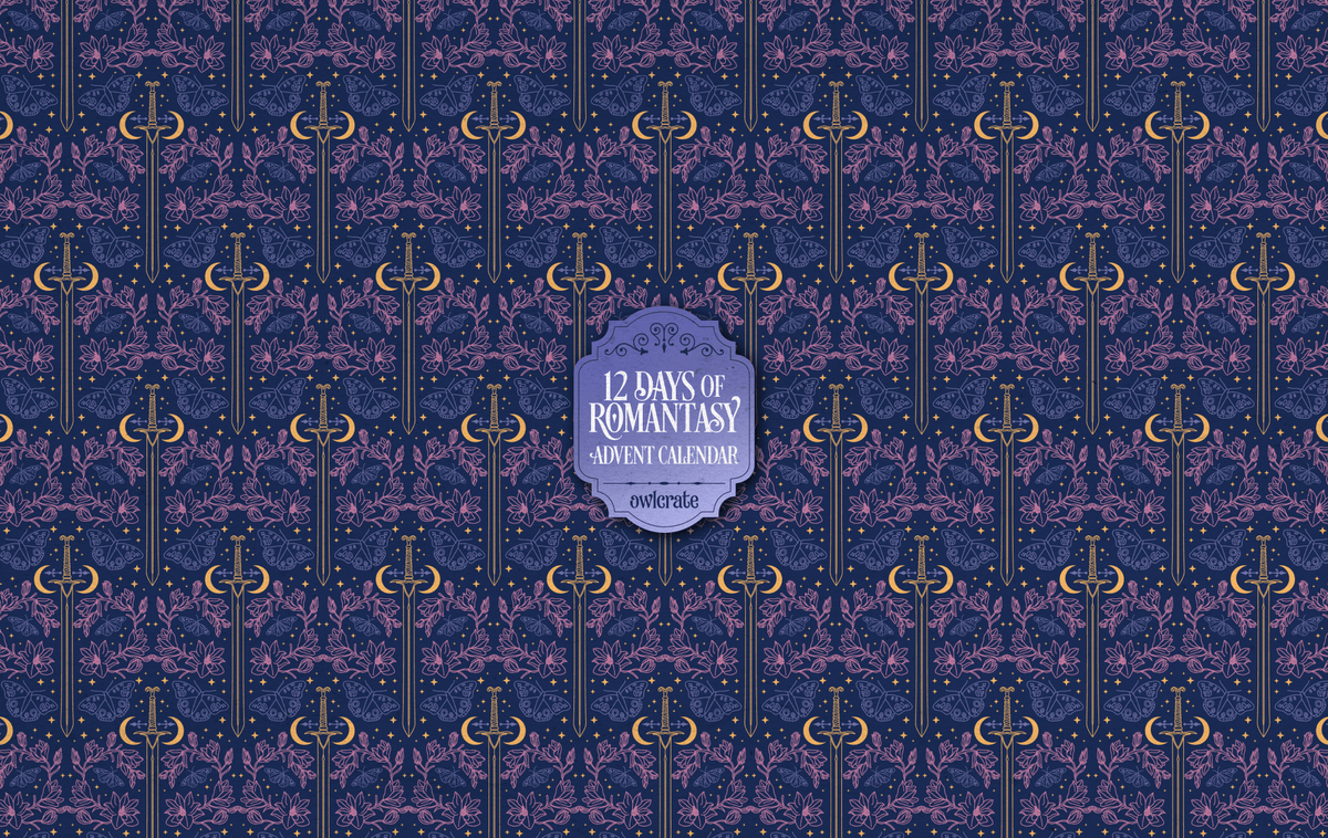 OwlCrate's 2026 Romantasy Advent Calendar. Background shows a repeating pattern of fantasy-inspired swords, flowers, butterflies, and stars in light blues, purples, and yellows.