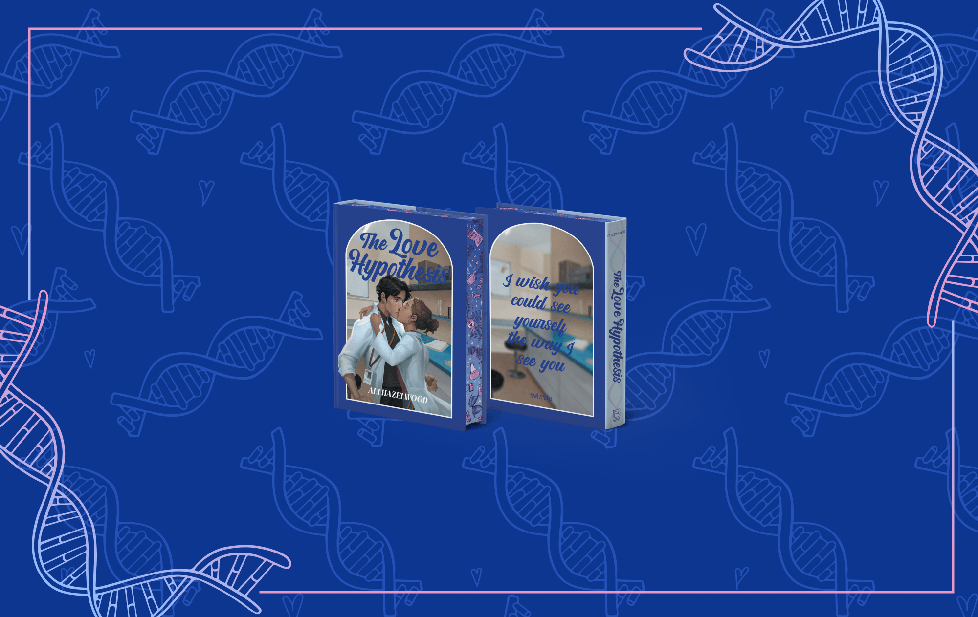 OwlCrate limited edition of The Love Hypothesis book by Ali Hazelwood. Front and back covers centered on blue background stamped with illustrated DNA strands.