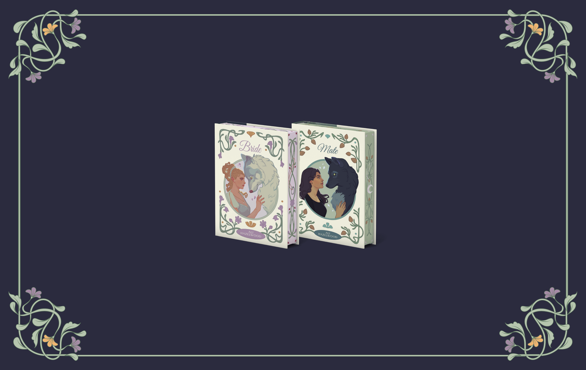 OwlCrate limited edition of the Bride and Mate book set. The front of the two series books are centered on a dark blue background with light green vines framing the corners.
