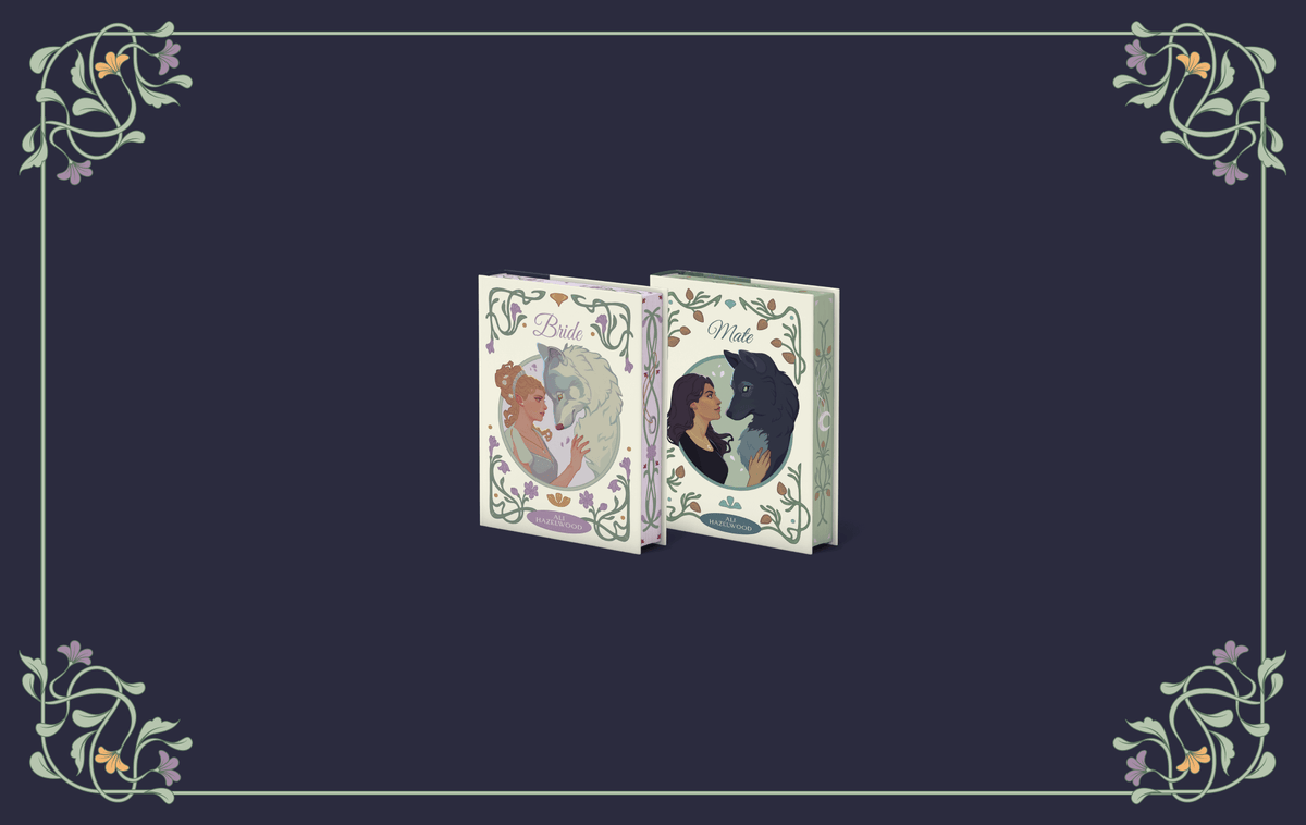 OwlCrate limited edition of the Bride and Mate book set. The front of the two series books are centered on a dark blue background with light green vines framing the corners.