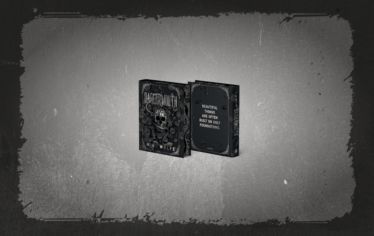 OwlCrate limited edition of Daggermouth by H. M. Wolfe. Front and back covers centered on gray, concrete-like background with a black grout-like border.