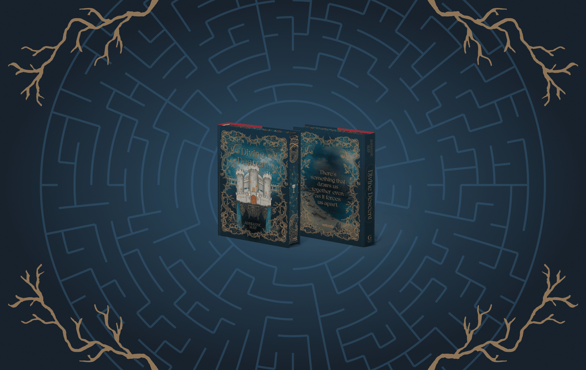 OwlCrate limited edition of Divine Descent in collaboration with AdriAnne May. Front and back covers centered on dark blue background with illustrated roots and a maze. Covers show an illustrated castle surrounded by roots.