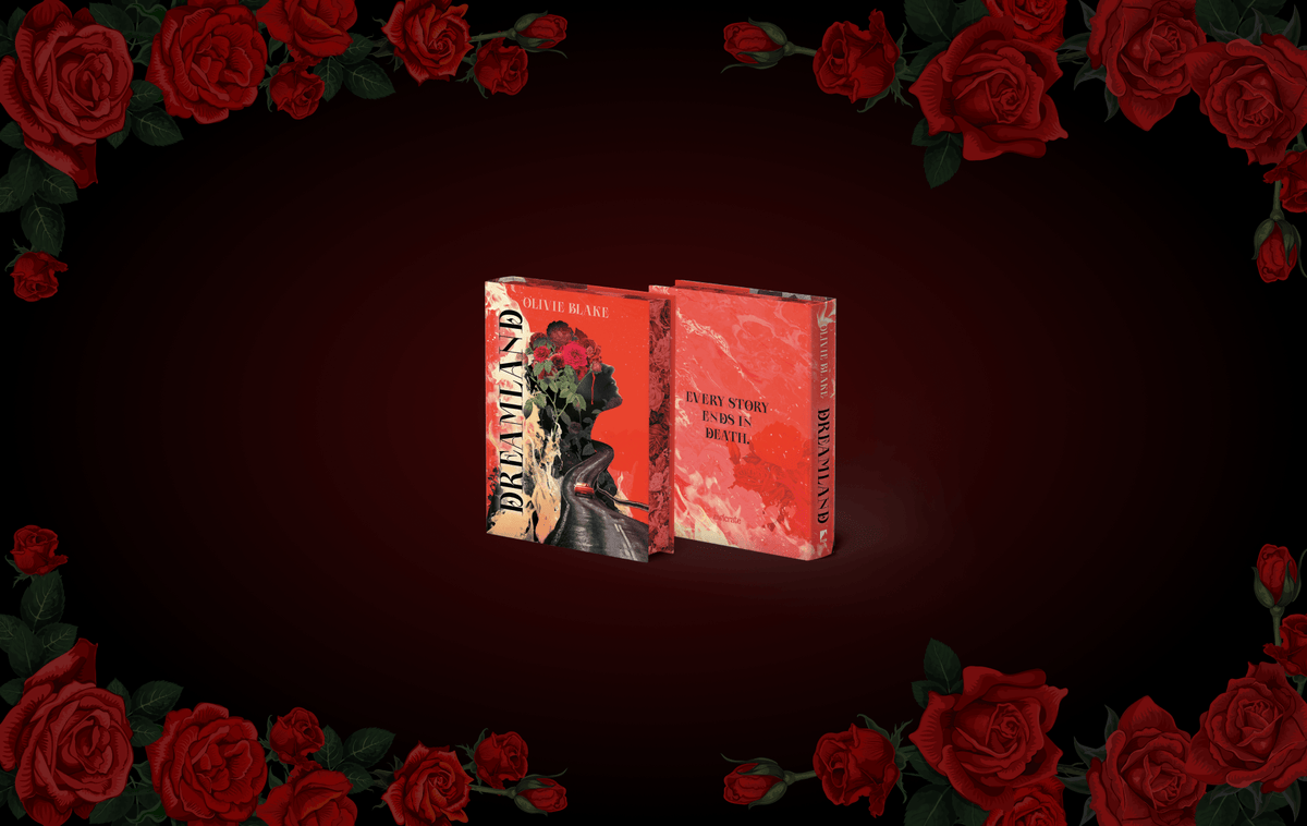 OwlCrate limited edition of Dreamland by Olivie Blake. Front and back covers centered on black background with red roses framing the edges.