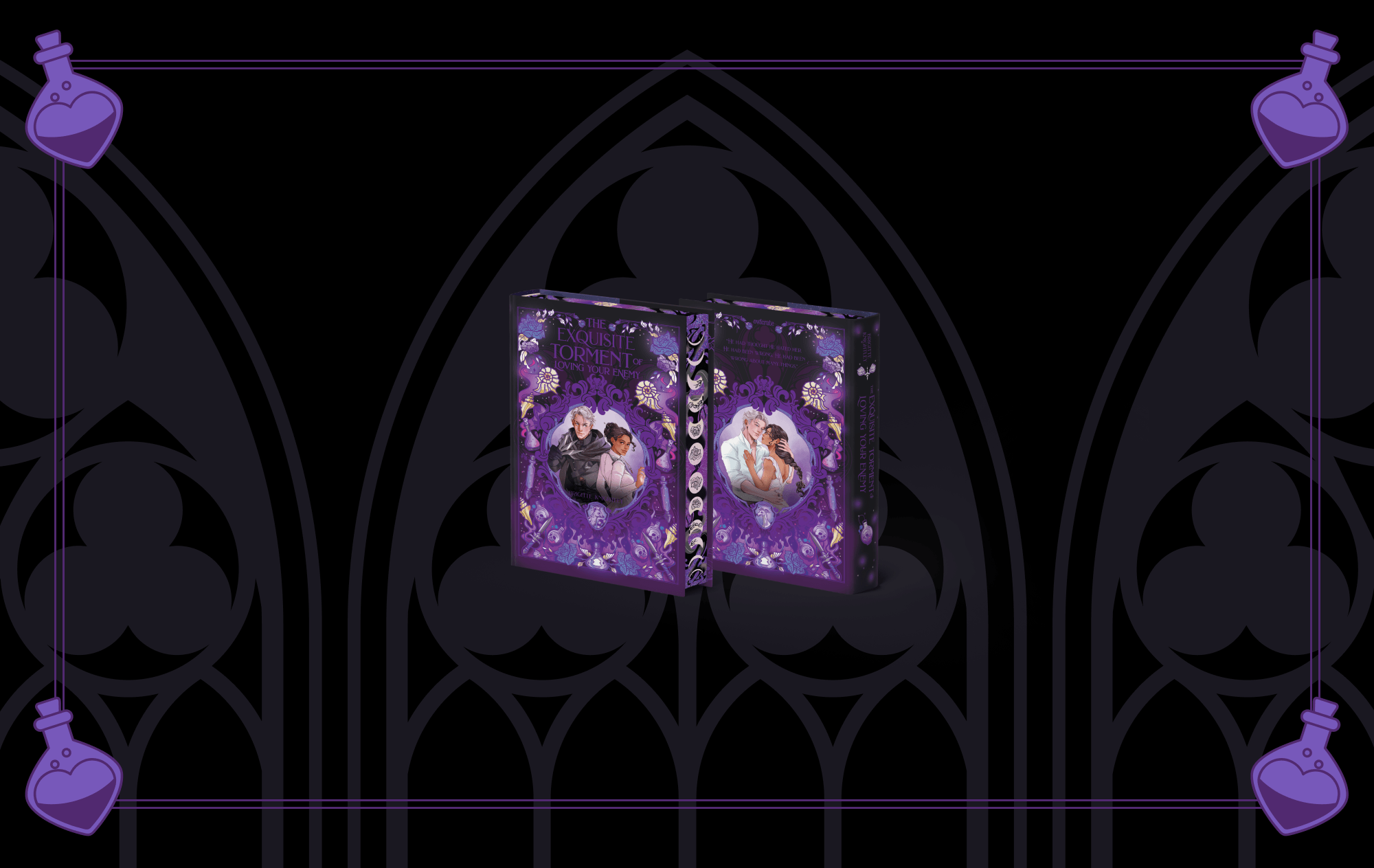 OwlCrate limited edition of The Exquisite Torment of Loving Your Enemy. Front and back covers centered on black background with illustrated dark purple gothic arches. Purple potion bottles frame the corners.