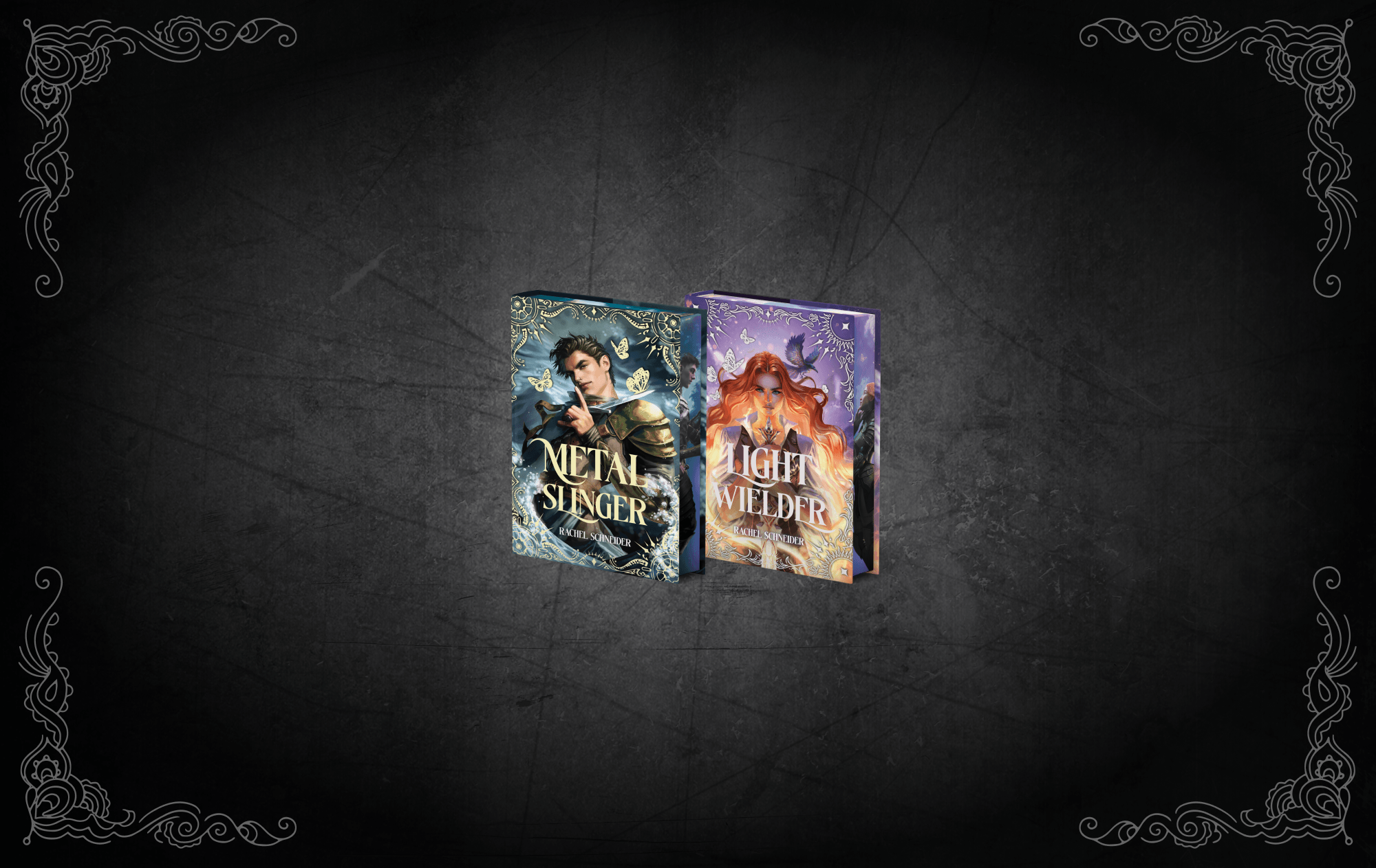 OwlCrate limited editions of Fire & Metal book set. The front covers of two books are centered on a black background with silver designs at the corners.
