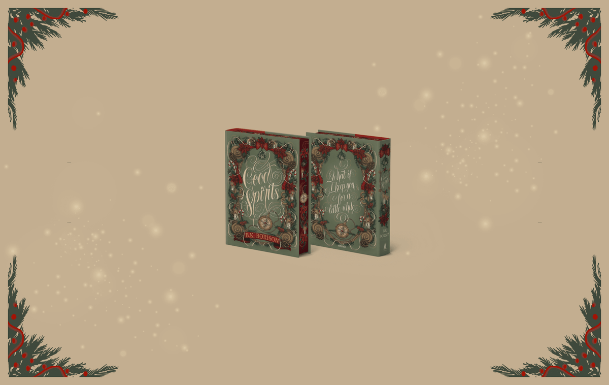OwlCrate limited edition of Good Spirits. The front and back of the book are centered on a beige background with sparkles and holly decorating the edges.