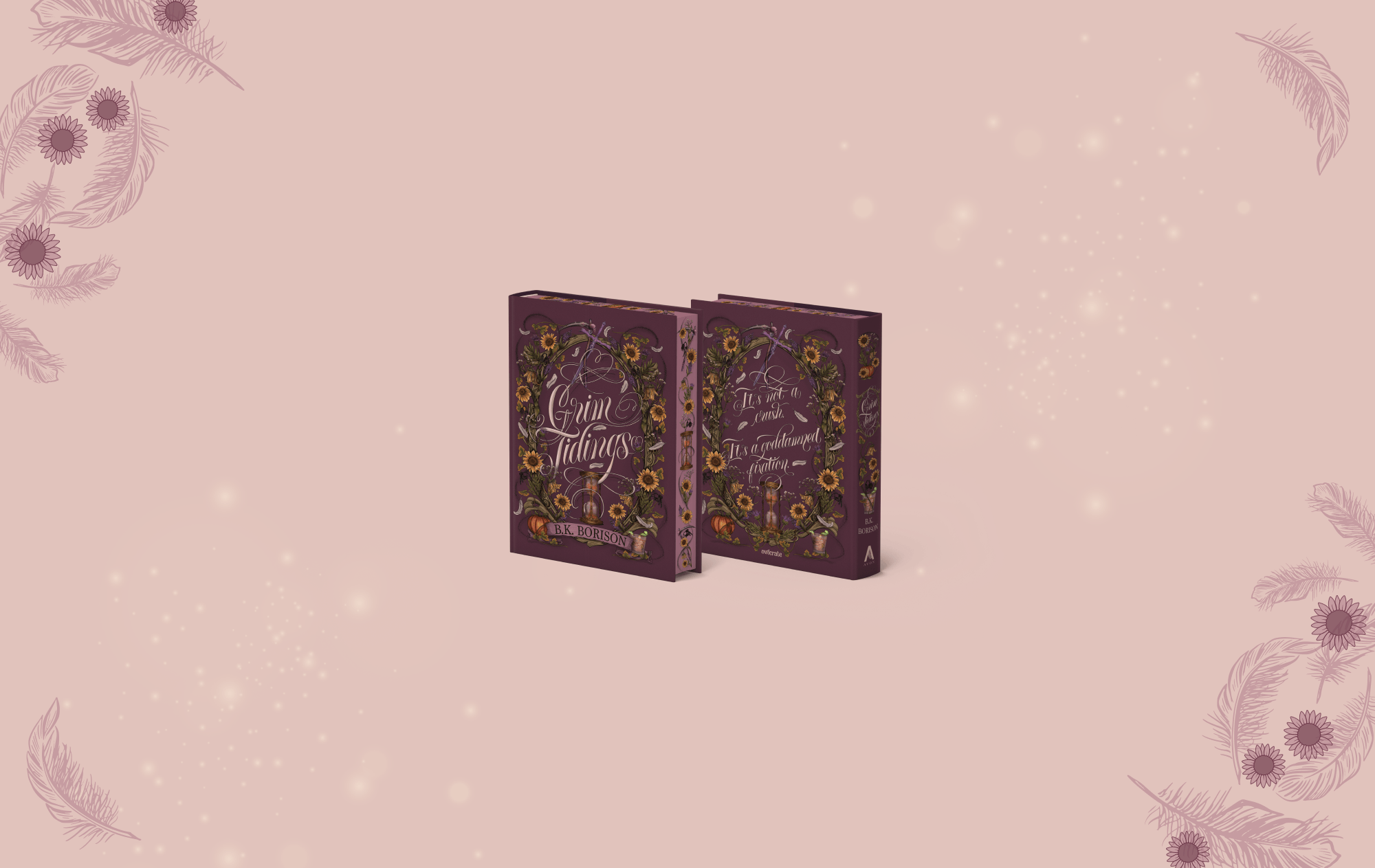OwlCrate limited edition of Grim Tidings by B.K. Borison. Front and back covers centered on pale pink background with darker pink feathers and dandelion puffballs framing the corners.