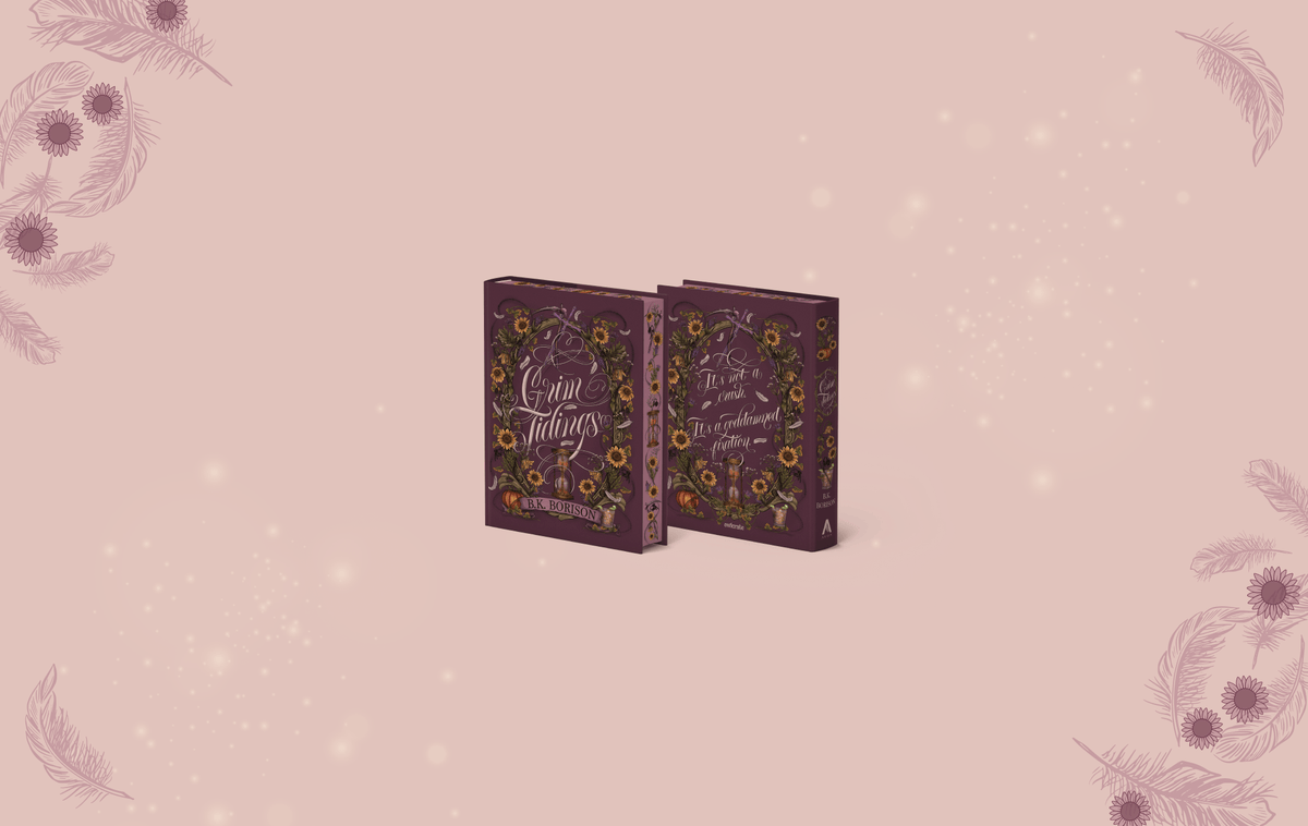 OwlCrate limited edition of Grim Tidings by B.K. Borison. Front and back covers centered on pale pink background with darker pink feathers and dandelion puffballs framing the corners.