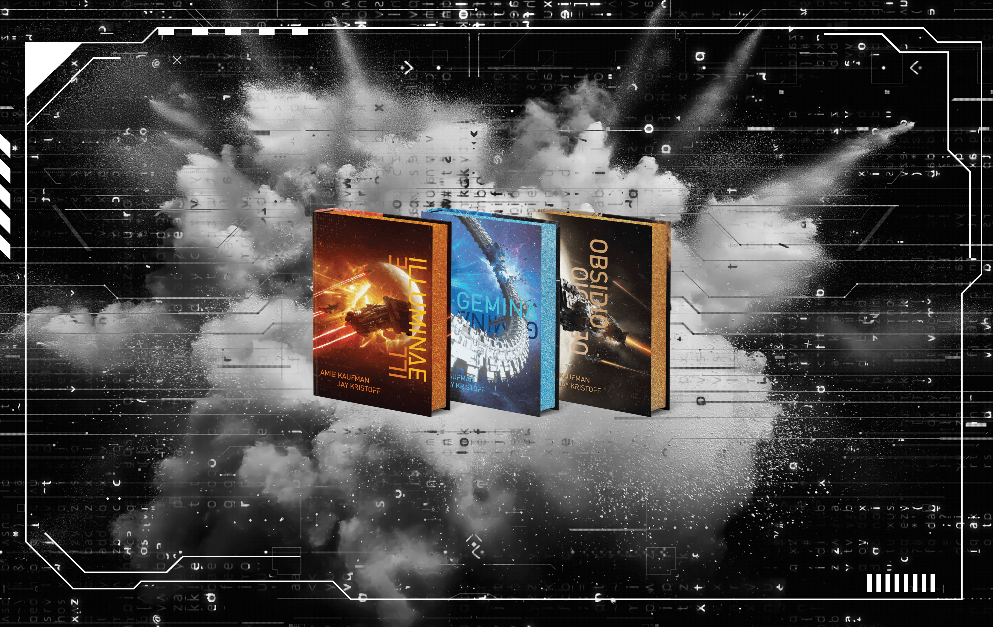 OwlCrate limited editions of The Illuminae Files series. The front covers of three books are centered on a black, cyber background.