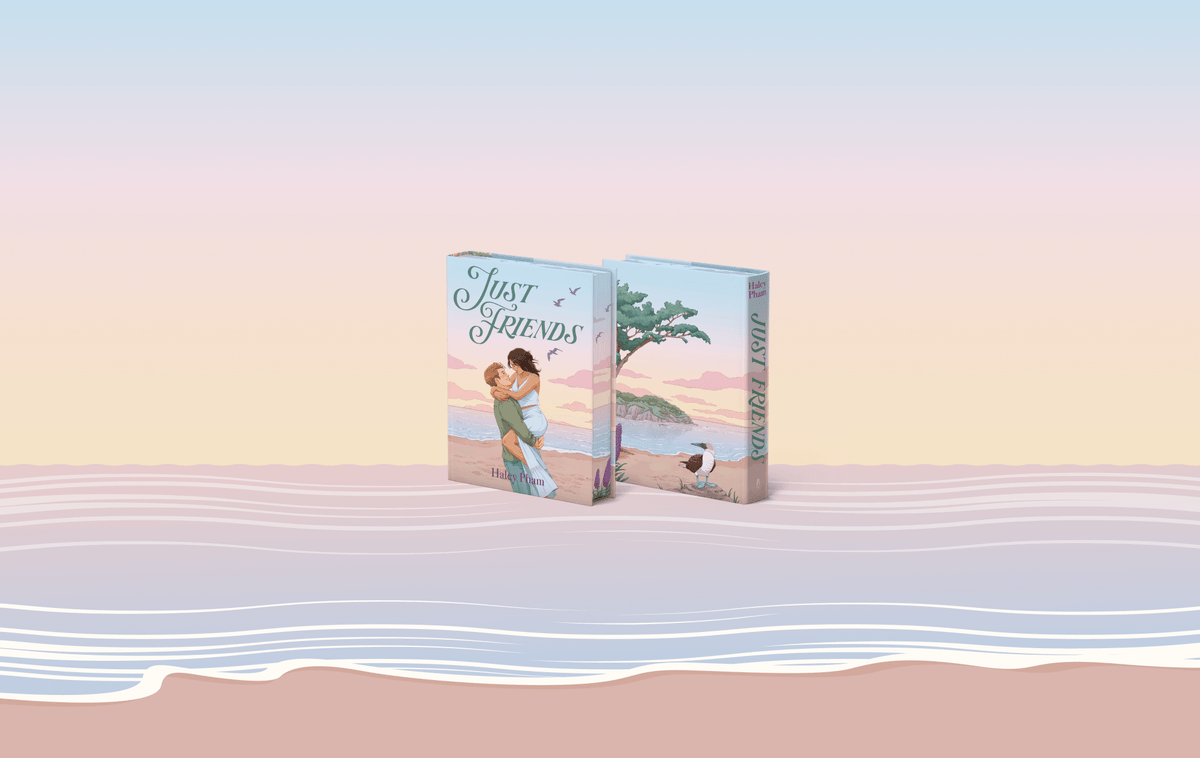 OwlCrate limited edition of Just Friends in collaboration with Haley Pham. Front and back covers centered on an illustrated beach scene at sunset. Covers show an illustration of a two people embracing on a beach.