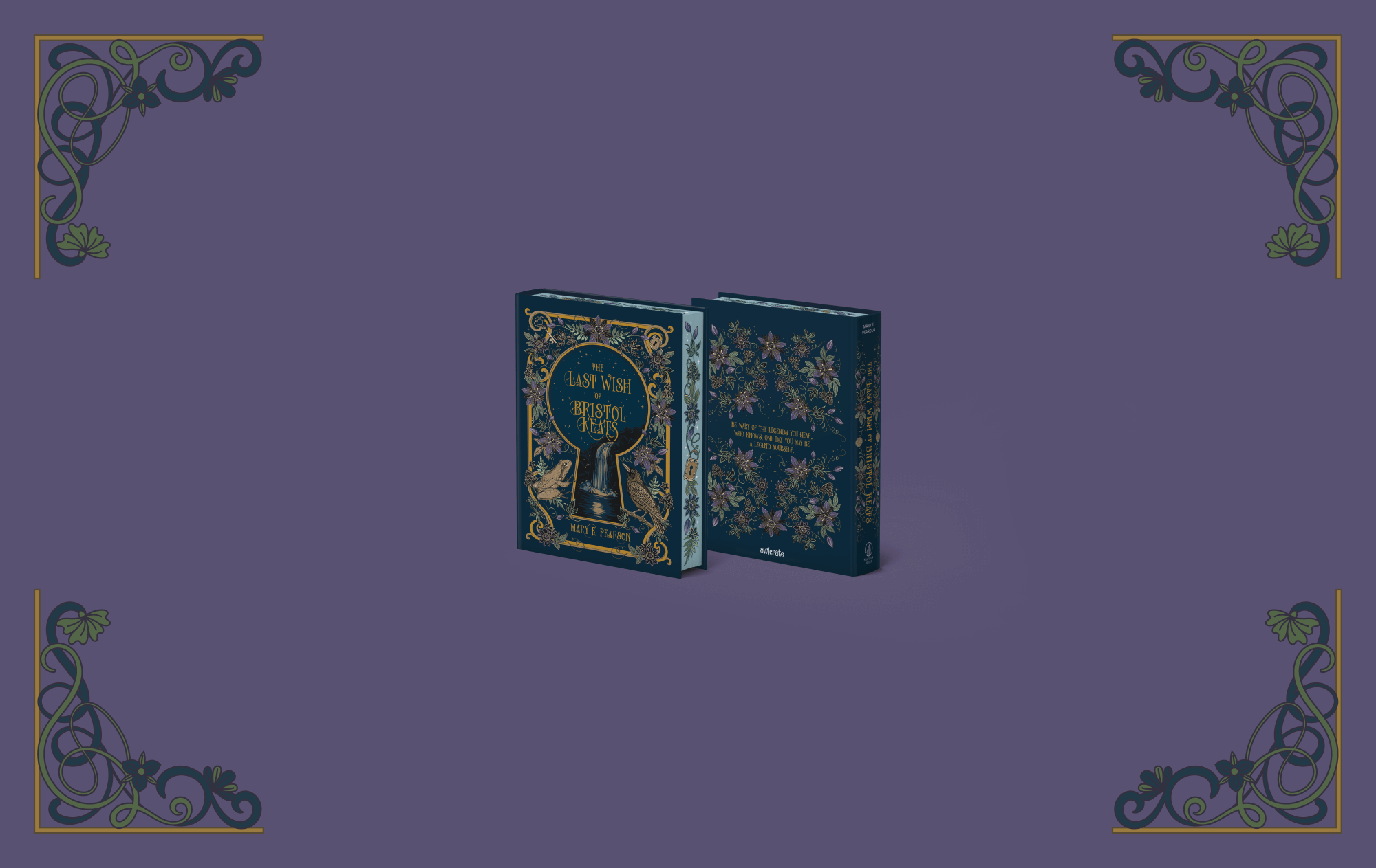 OwlCrate limited edition of The Last Wish of Bristol Keats. The front of the book is centered on a purple background with with green and blue vines on gold frames in each corner.
