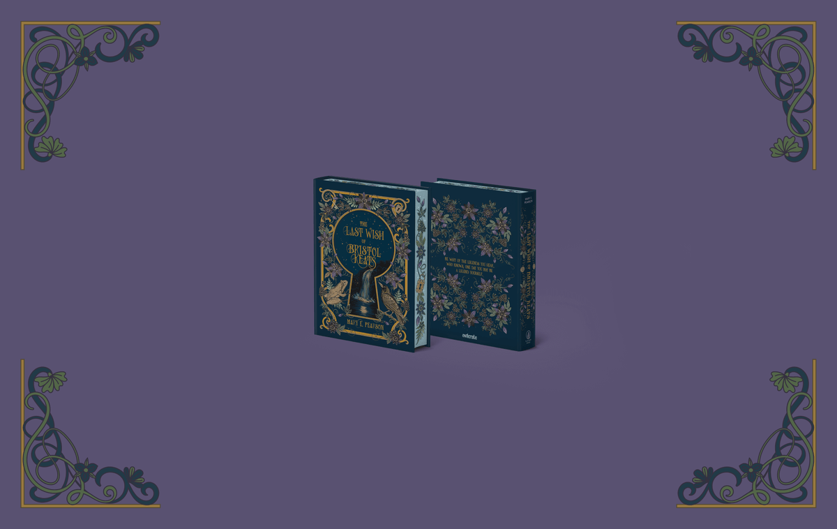 OwlCrate limited edition of The Last Wish of Bristol Keats. The front of the book is centered on a purple background with with green and blue vines on gold frames in each corner.